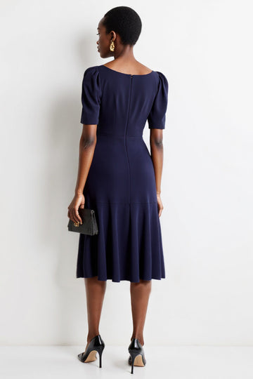 Navy Short Sleeves Square Neck Midi Work Dress